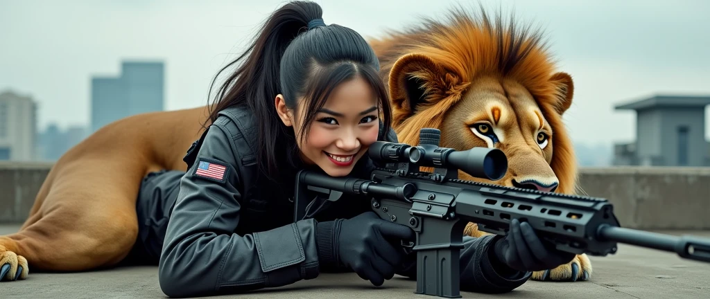 so much swagger trained marine corp militant asian female solider with large lion coiled around her smug grin sneer. with an attitue vengance she adorn with pony tail hairstyle adorn hip hop rap style in kevlar black military attire armour sniper rifle on rooftop prone position aiming sniper absolute disrespect bad-mannered