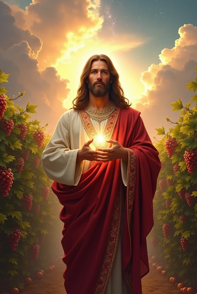 (photorealism:1.2), handsome Jesus Christ, standing straight with many grapes fruits and so many clouds all over, wearing the full of pink color of the elegant clothes of the king with many diamonds and crown sparkling with light, the head and heart lighting all over, focus on face looking at the camera, nice hair, outdoors, bright lighting, so many clouds and grapes fruits in the background,  so many clouds and sparkling stars all over, cozy grapes garden, relaxed pose, realistic, intricate details, bright colors,