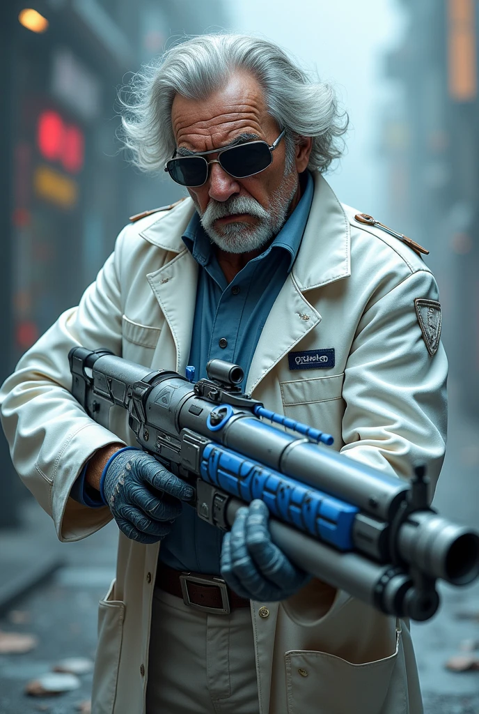 Character inspired by a scientist with a large futuristic blaster with white patterns of sky blue with grayish on his armed with gray scientist hair a white mustache a white scientist vest tinted with blue a scientist pants tinted with white black shoes with dark gray a head with sand glasses that covers his eyes is a dangerous fighter side