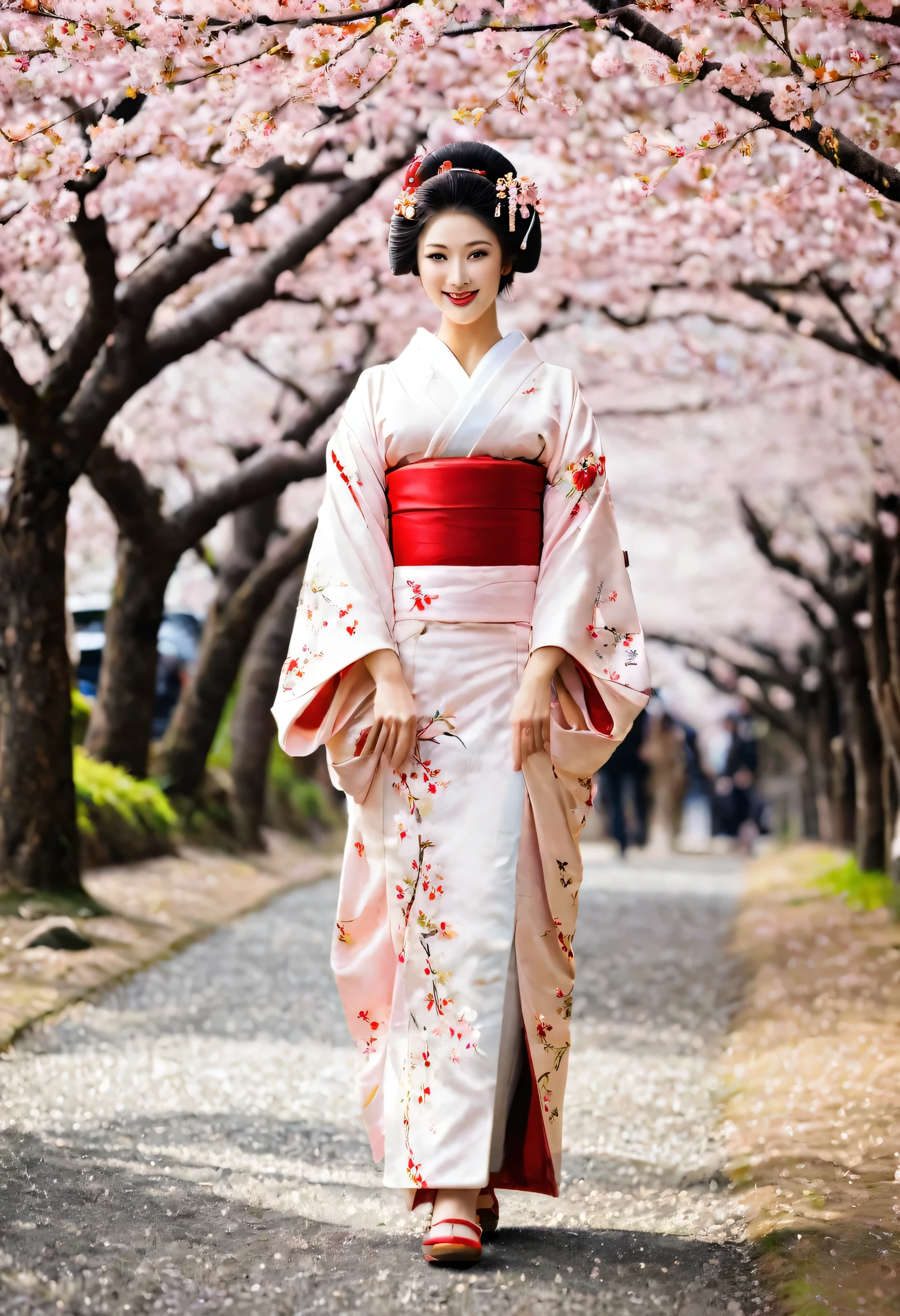 (A geisha stands gracefully under a cherry blossom, Look back and smile: 1.37), Pink cherry blossom petals next々And they scatter, Strengthen your eyes, Straight eyebrows are not only eye-catching、Informal, Cleanse the entire face. Typical Japanese Geisha, Wearing a gorgeous kimono embroidered with red and gold cherry blossoms, This is a long-sleeved kimono, Wearing clogs, Realistic depiction of light and shadow, Realistic and exaggerated photos, super high quality, Super Details, Cinematic shots, Shallow depth of field