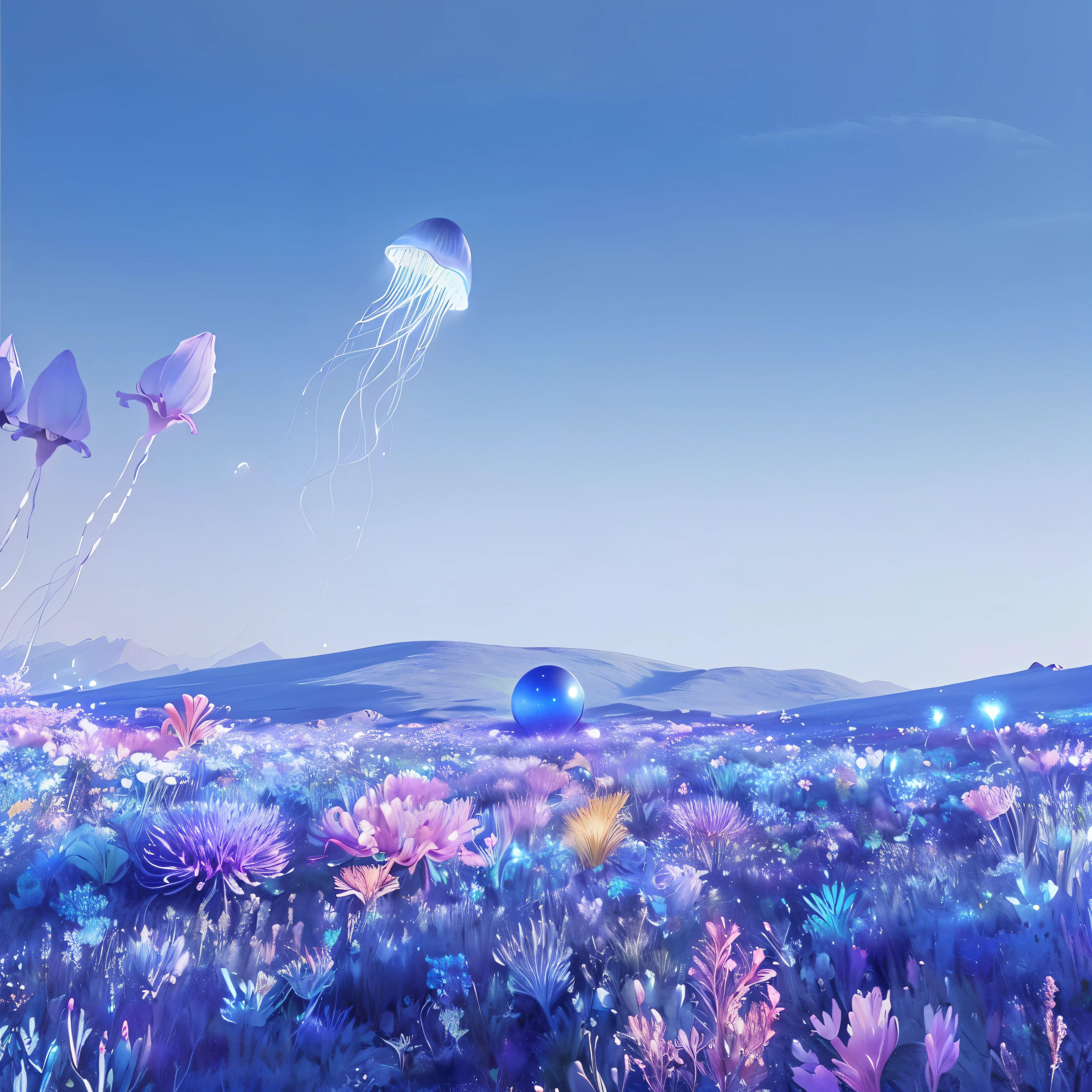 There are many flowers in the field，A jellyfish is flying above。, lush Alien Landscape, beautiful Alien Landscape, Alien Landscape, On the alien grassland, surreal alien kingdom, On a lush alien planet, an Alien Landscape, an Alien Landscape view, Get lost in a dreamy fairytale world, amazing Alien Landscape, Exotic flora and fauna, Surreal dream landscape, stunning Alien Landscape