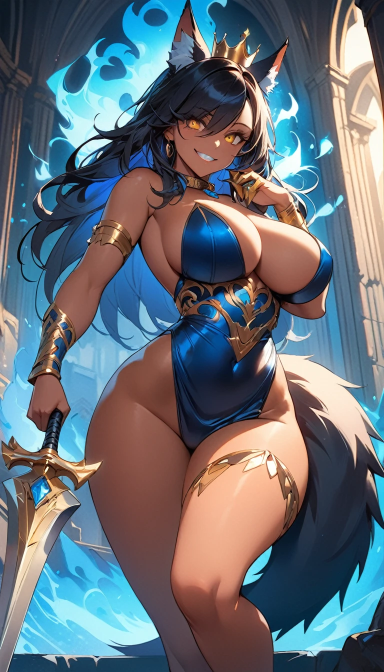 best quality,4k,8k, highres, masterpiece:1.2), ultra-detailed, extremely detailed eyes, extremely detailed body, (large masterpiece digital art), (detailed manga illustration), (detailed line art), ((perfect anatomy)), (intricate details:1.3), (ultra-detailed:1.3), (illustration:1.3), (sharp focus:1.3), (natural lighting:1.05), (vivid colors:1.3), (masterpiece), (best quality:1.4), (perfect anatomy:1.4), high quality, expressive eyes, full body, detailed face, beautiful face, perfect face, 1girl, ((dark skin)), animal ears, black sclera, smile, colored sclera, breasts, solo, monster girl, black hair, (wolf ears), large breasts, curvy, wide hips, long hair, ((gold eyes)), claws, grin, fur, looking at viewer, collar, ((dynamic action pose)), tail, (wolf tail), {(dragon horns)}, demon horns, wings, sadistic smile, hair over eye, {regal outfit}, tiny crown, blue fire, curvy, sexy dress, dark skin, cinematic lighting, dramatic atmosphere, Beautiful woman, dragon spear in hand, Jeff Bridges, ((cartoon style)), Marvel Cinematic Universe style, (((hell castle in the background))), soft bokeh of hellscape, Atey Ghailan, Jeremy Mann, Greg Manchess, Antonio Moro, trend in ArtStation, trend in CGSociety, Intricate, High Detail, Sharp focus, dramatic and photorealistic painting art by Midjourney and Greg Rutkowski,