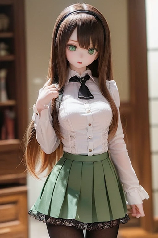 (SFW:2), photorealistic, realistic photo, 8k, ((highest quality)), ((masterpiece)), (extremely detailed), kukolnydom, doll, (mature woman, 21yo, 2, solo:1.6), ((cowboy shot, dynamic pose, slim, slender, skinny, medium breasts, hairband, ascot, dress shirt, long puff sleeves, pleated skirt, black pantyhose)), (parted lips, green eyes, brown hair, long hair, plastic skin, looking at another, glass eyes, gradient eyes, shining eyes, detailed eyes:1.3)