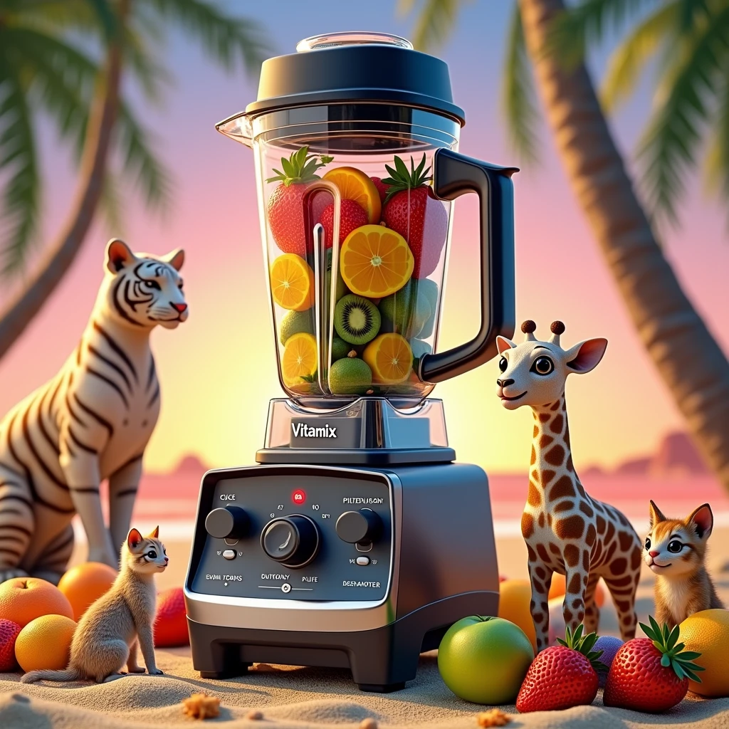 "Vibrant, Sunny beach scene、Featuring fashionable and trendy juicers, Blender, Slim, Vertical Vitamix Blender. Images are realistically rendered in 8K high resolution. The beach is littered with a variety of colorful fruits. Mini Characters, Including White Tiger&#39;s cubs, kitten, And two baby squirrels,Baby Giraffe、 Playfully placed on the sand, Away from Vitamix. The overall atmosphere is vibrant.、It captures the essence of a bright summer day., The stylish Vitamix mixer stands out as a central element."