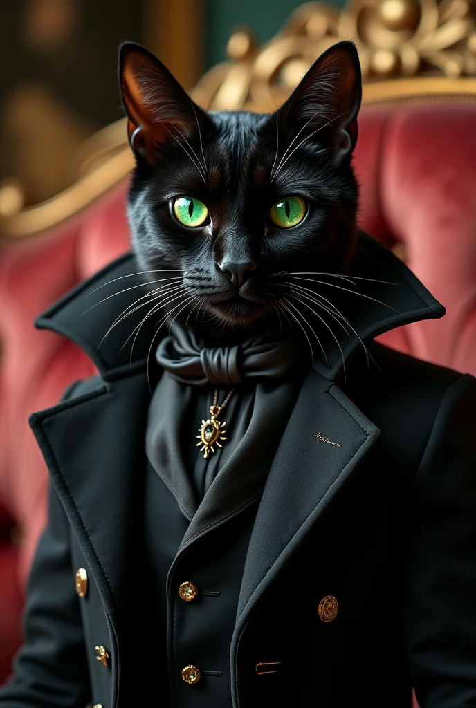 Black cat with green eyes dressed in old money style 