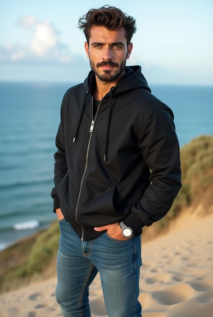 Create a realistic photo, typical Spanish man with a beard and mustache, very handsome man with a charming and deep look, green eyes, brown hair, ((full body)) hyper realistic photos, dressed in blue jeans, a black jacket from the brand: (Addidas), white and black sneakers from the brand: (Addidas), at the top of the Pilat dune in ARCACHON, background image: The Atlantic Ocean, head to toe, full body, hyper realistic photo