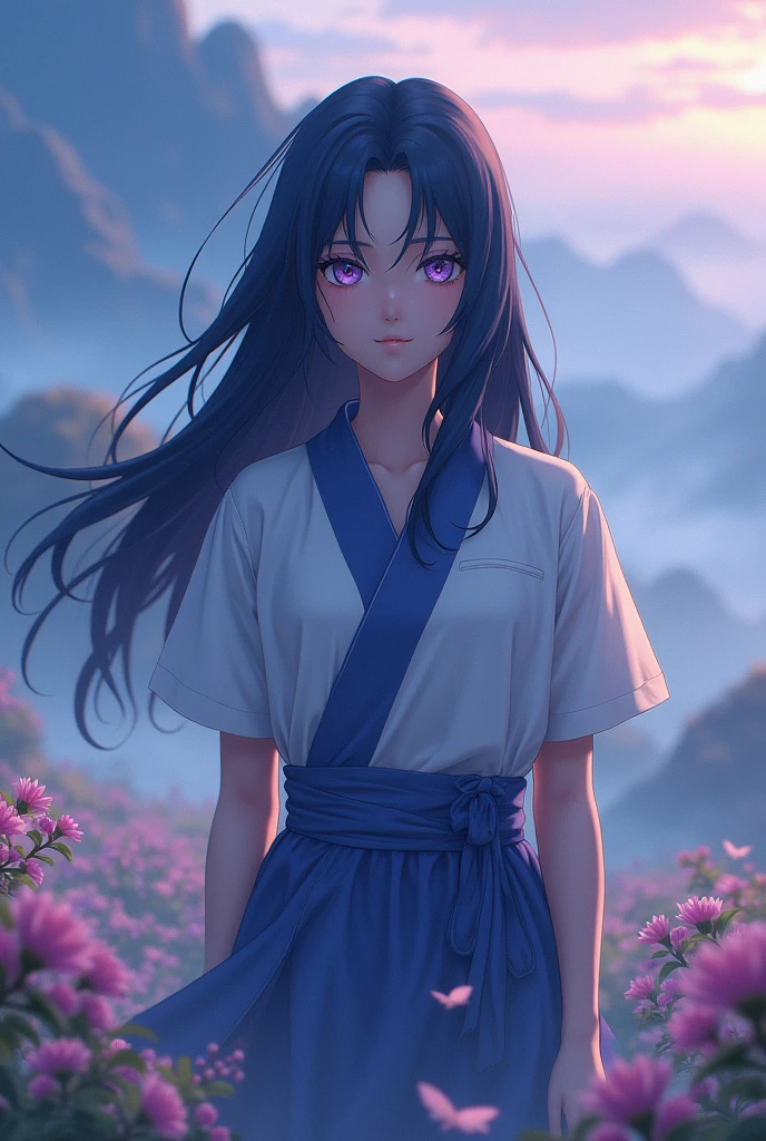 a beautiful young woman with long indigo hair and lavender eyes, Hinata Hyuga from the Naruto anime series, standing in a misty, colorful landscape with cinematic lighting, (masterpiece:1.2), best quality, high quality, Highres, (hyper detailed), detailed background