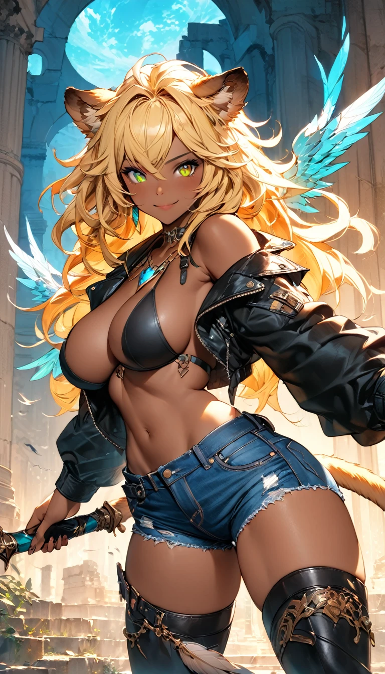 best quality,4k,8k,highres,masterpiece:1.2),ultra-detailed, extremely detailed eyes, extremely detailed body, (large masterpiece digital art), (detailed manga illustration), (detailed line art), ((perfect anatomy)), (intricate details:1.3), (ultra-detailed:1.3), (illustration:1.3), (sharp focus:1.3), (natural lighting:1.05), (vivid colors:1.3), (masterpiece), (best quality:1.4), (perfect anatomy:1.4), high quality, expressive eyes, full body, detailed face, beautiful face, perfect face, 1 girl, tall girl, ((blonde hair)), (red hair), multicolored hair, two-toned hair, ((dark skin)), (((dark skinned female))), griffon, large breasts, thick thighs, very long hair, bare shoulders, denim, (short shorts), dynamic pose, silver jewelry, choker, animal ears, (lion ears), (lion tail), thigh-highs, ((animal ears)), skin dentation, curvy, monster girl, heterochromia, (orange eye), (icy blue eye), ((wings)), feathered wings, black feathers, green glowing feathers, thigh gap, (white shirt), black leather jacket, thigh boots, dynamic lighting, cinematic lighting, smiling, ((Greek ruins background)), Atey Ghailan, Jeremy Mann, Greg Manchess, Antonio Moro, trend in ArtStation, trend in CGSociety, Intricate, High Detail, Sharp focus, dramatic and photorealistic painting art by Midjourney and Greg Rutkowski, Jeff Bridges, ((cartoon style)), Marvel Cinematic Universe style