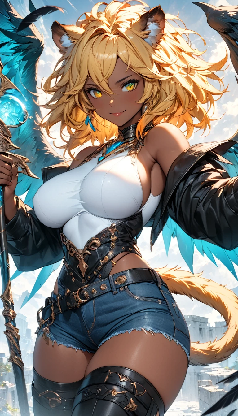 best quality,4k,8k,highres,masterpiece:1.2),ultra-detailed, extremely detailed eyes, extremely detailed body, (large masterpiece digital art), (detailed manga illustration), (detailed line art), ((perfect anatomy)), (intricate details:1.3), (ultra-detailed:1.3), (illustration:1.3), (sharp focus:1.3), (natural lighting:1.05), (vivid colors:1.3), (masterpiece), (best quality:1.4), (perfect anatomy:1.4), high quality, expressive eyes, full body, detailed face, beautiful face, perfect face, 1 girl, tall girl, ((blonde hair)), (red hair), multicolored hair, two-toned hair, ((dark skin)), (((dark skinned female))), griffon, large breasts, thick thighs, very long hair, bare shoulders, denim, (short shorts), dynamic pose, silver jewelry, choker, animal ears, (lion ears), (lion tail), thigh-highs, ((animal ears)), skin dentation, curvy, monster girl, heterochromia, (orange eye), (icy blue eye), ((wings)), feathered wings, black feathers, green glowing feathers, thigh gap, (white shirt), black leather jacket, thigh boots, dynamic lighting, cinematic lighting, smiling, ((Greek ruins background)), Atey Ghailan, Jeremy Mann, Greg Manchess, Antonio Moro, trend in ArtStation, trend in CGSociety, Intricate, High Detail, Sharp focus, dramatic and photorealistic painting art by Midjourney and Greg Rutkowski, Jeff Bridges, ((cartoon style)), Marvel Cinematic Universe style