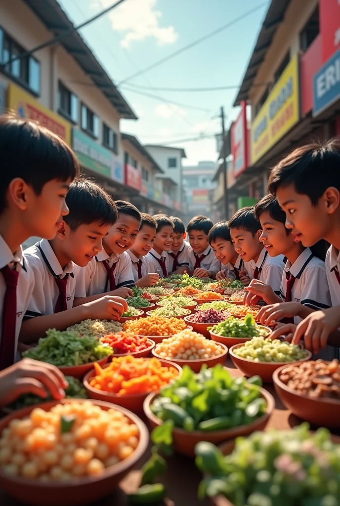  High school students go around gado gado regional special food with writing on top Picture of SMAN 1 KERUAK