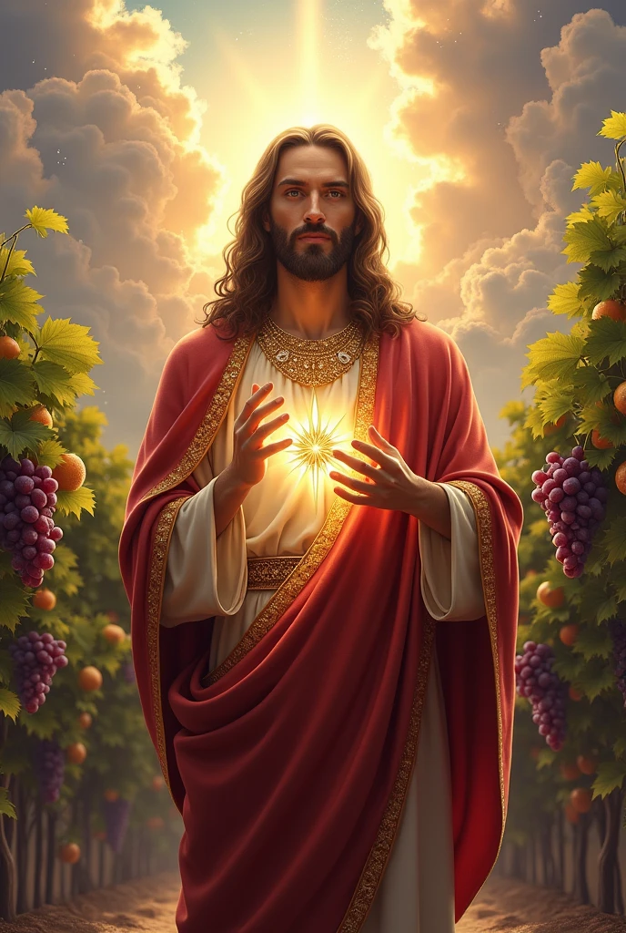 (photorealism:1.2), handsome Jesus Christ, standing straight with many grapes fruits and so many clouds all over, wearing the full of pink color of the elegant clothes of the king with many diamonds and crown sparkling with light, the head and heart lighting all over, focus on face looking at the camera, nice hair, outdoors, bright lighting, so many clouds and grapes fruits in the background, so many clouds and sparkling stars all over, cozy grapes garden, relaxed pose, realistic, intricate details, bright colors,