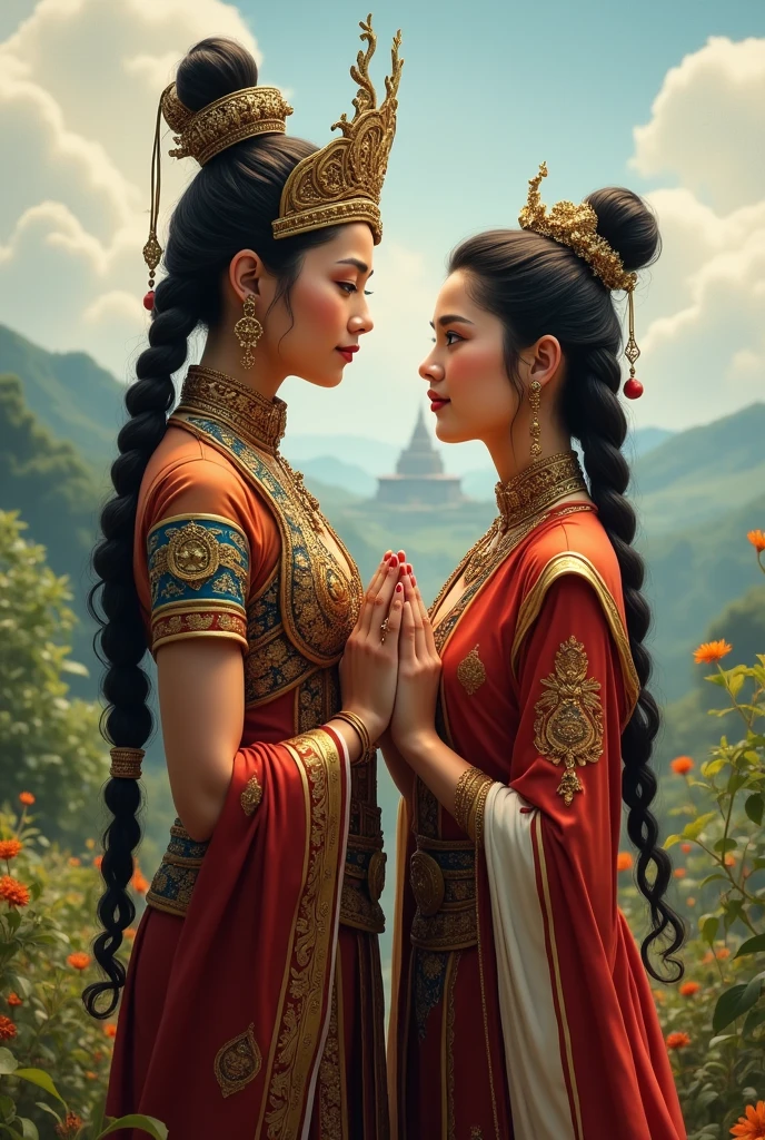 Draw an ancient burmese war Queen and a Shan princess in love with each other .They are dress like ancient Burmese.More appear their love