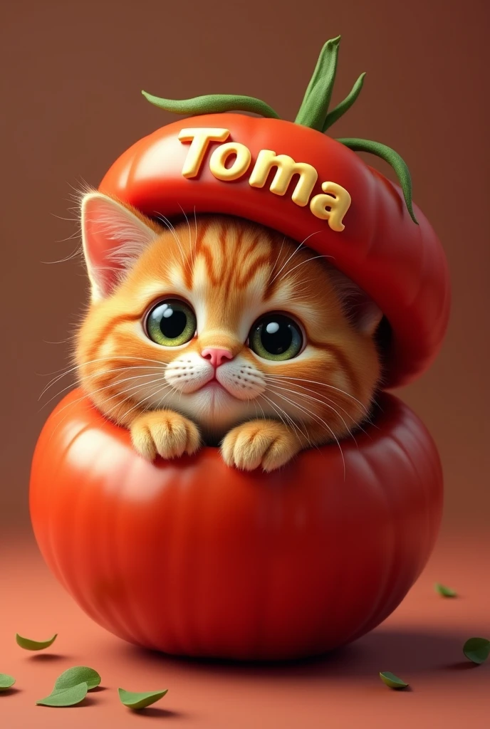 Ginger cat in a tomato, in a hat with the inscription TOMA