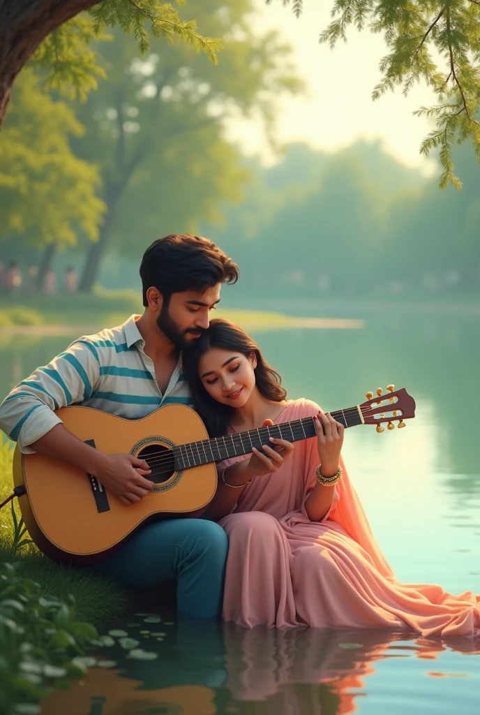 Animation backside photo, a Bangladeshi man and woman sitting next to a lake, man playing guitar, woman wearing a soft pink colour sharee, woman's head on boys shoulder, man wearing a white and blue stripe shirt