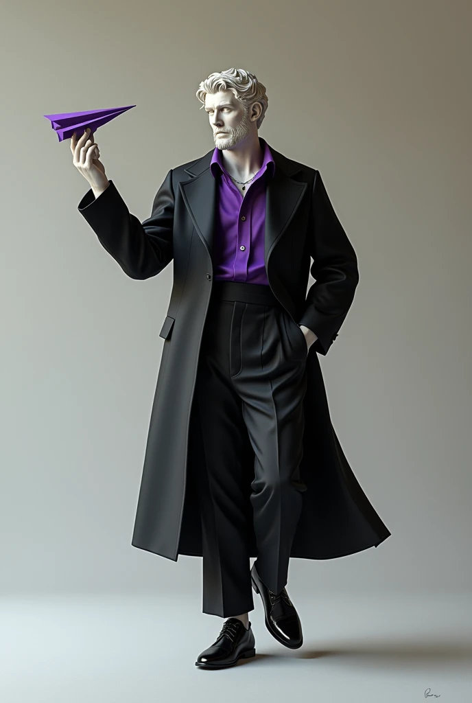 Greek statue dressed in a black suit with purple details with a paper airplane in his hand
