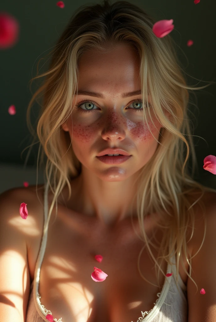 beautiful irish girl, gazing at camera, ballerina, booty peek, sideboob, sweaty skimpy wet disheveled panties, freckly sweaty skin, sweaty long blonde hair, dress peeking, bathing in backlighting, opening buttons, sunrays, petals falling, roses, opening shirt, showing clevage, butt, fog, haze, sweaty, dripping, hot girl, showing clevage, rose petals, beautiful face, sunlit, in attic, covered in flowers and petals, godrays, cozy, wet skin, morning dew, backlighting, hazy, golden hour, morning light, erotic mood, alone, countryside, shy, masterpiece, best quality, ultra-detailed, solo, smoke, shadows, contrast, close-up, cinematic light, side lighting, ultra high resolution, best shadow, RAW, 4k, sexy, cleavage, style of david hamilton,