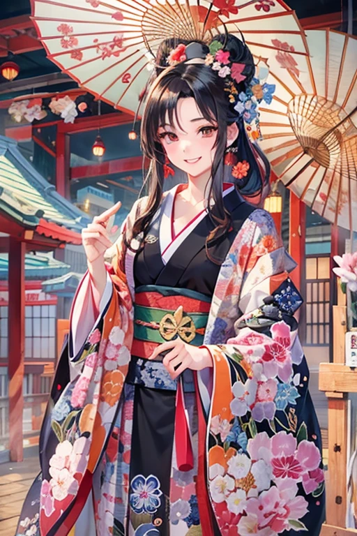 A beautiful woman smiles and shows her upper white teeth、Vividly colored Japanese Ukiyo-e style illustrations、SeaArt creates stunning illustrations of beautiful women in kimono、Brown-black long hair、Beautiful full body style、Beautiful digital illustrations,、Beautiful digital painting, Bright and vivid anime CG art, Detailed digital anime art, Beautiful anime portraits