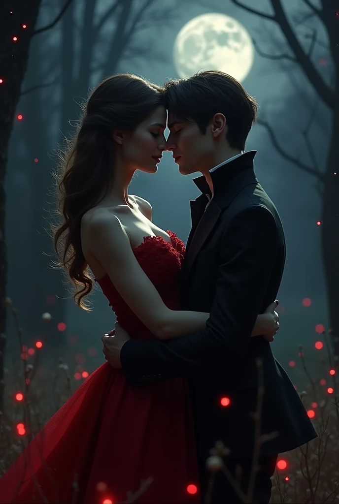 Adorable vampire couple in love under the moon with fireflies in black and red, where there is only darkness