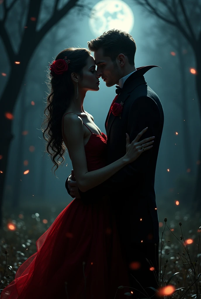 Adorable vampire couple in love under the moon with fireflies in black and red, where there is only darkness