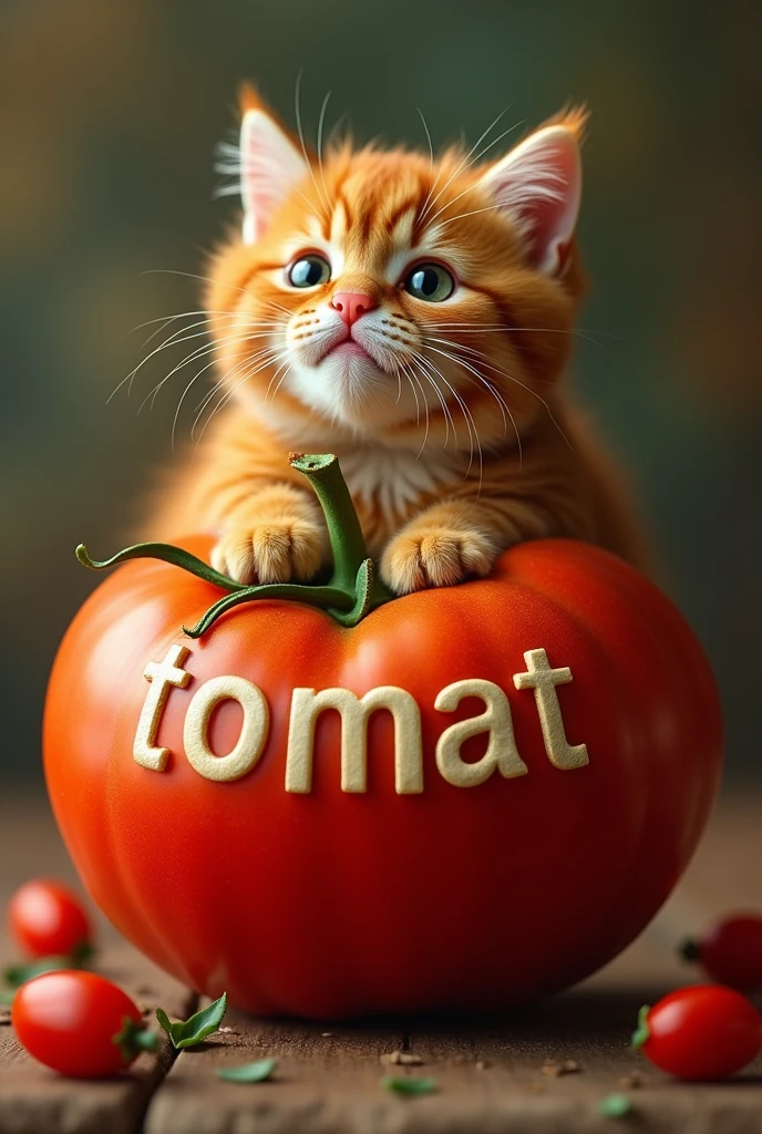 Ginger cat in a tomato, with the inscription TOMAT