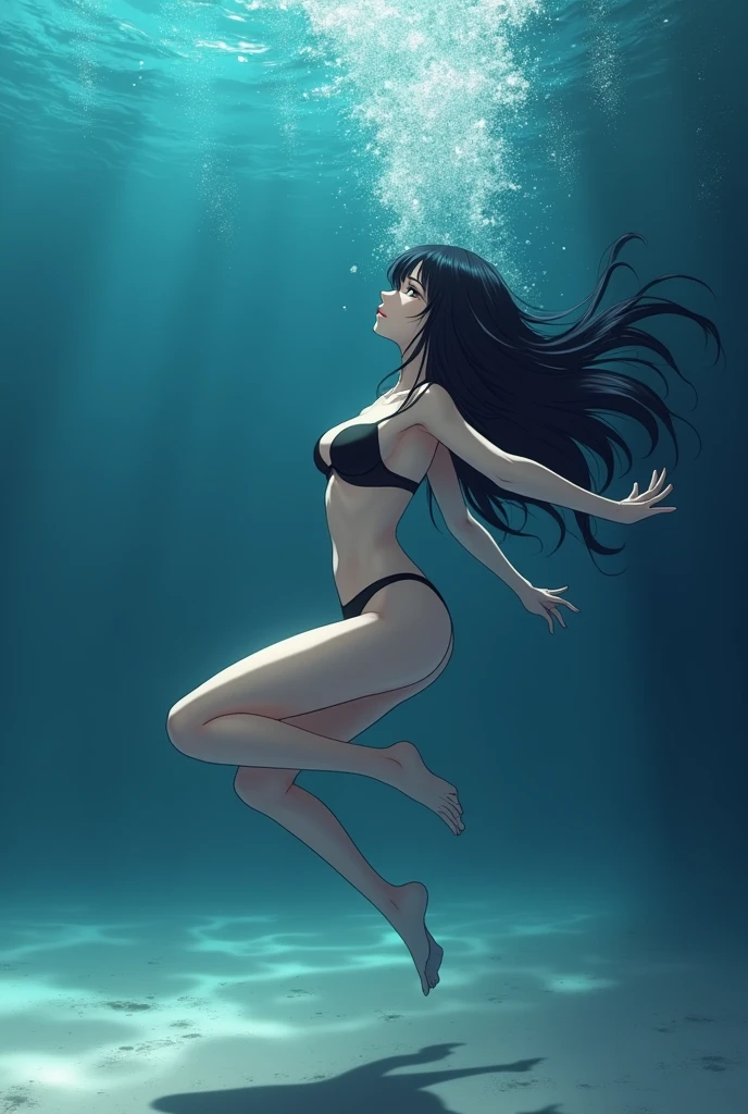 Anime Woman, wearing a Black thong, and a black bra, long flowing black hair, swimming breaststroke underwater in the sea, with water ripples on her body, side camera view, with smooth sandy seafloor, deep far from the surface, horizontal body position