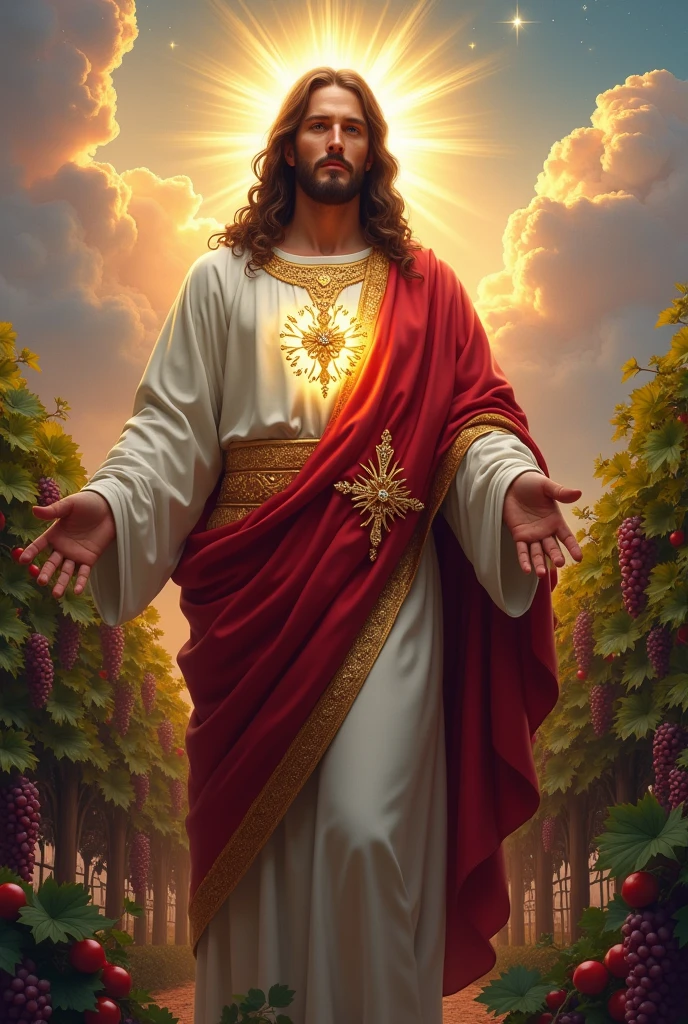 (photorealism:1.2), handsome Jesus Christ, standing straight with many grapes fruits and so many clouds all over, wearing the full of pink color of the elegant clothes of the king with many diamonds and crown sparkling with light, the head and heart lighting all over, focus on face looking at the camera, nice hair, outdoors, bright lighting, so many clouds and grapes fruits in the background, so many clouds and sparkling stars all over, cozy grapes garden, relaxed pose, realistic, intricate details, bright colors,
