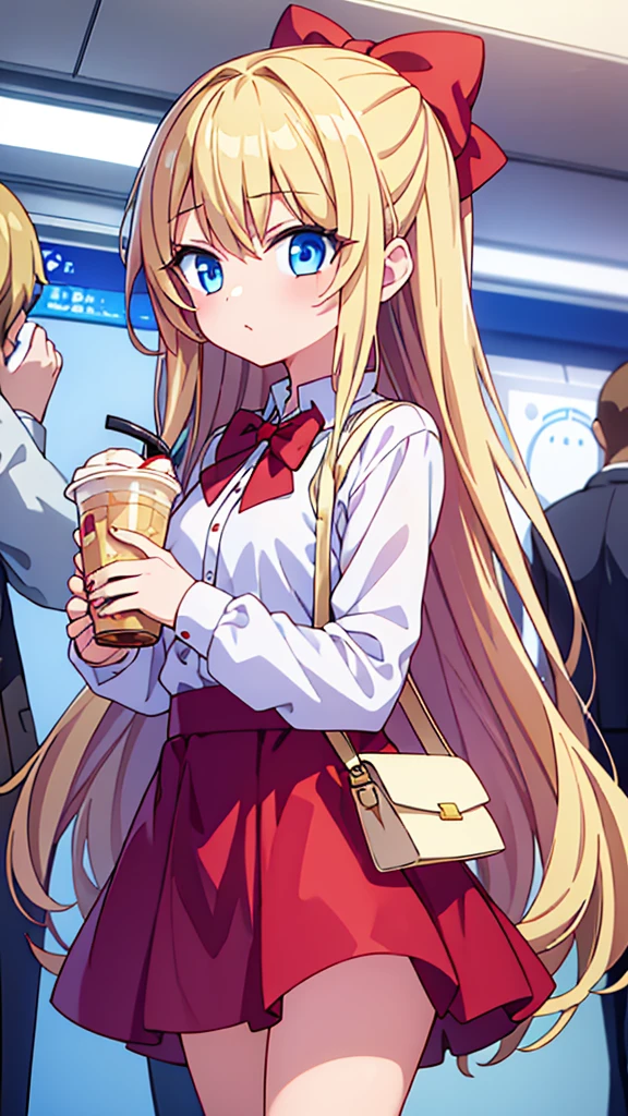 1 girl, solo, blonde hair, blue eyes standing in the subway, white shirt, red bowtie, red skirt of moderate length, people standing, crowded with people, drinking milktea, hilding a cup of milktea