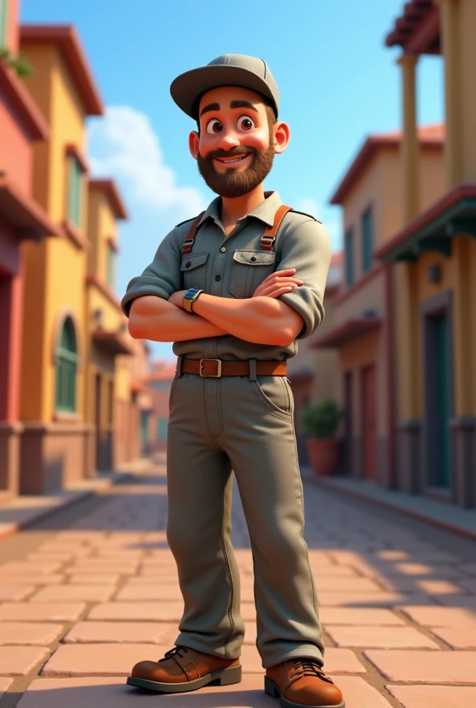 Disney Pixar poster that says male character with short hair, smiling, handsome, wearing gray service clothes, likes wearing hats and cotton pants, shoes, items, has a beard but no mustache 3D animation