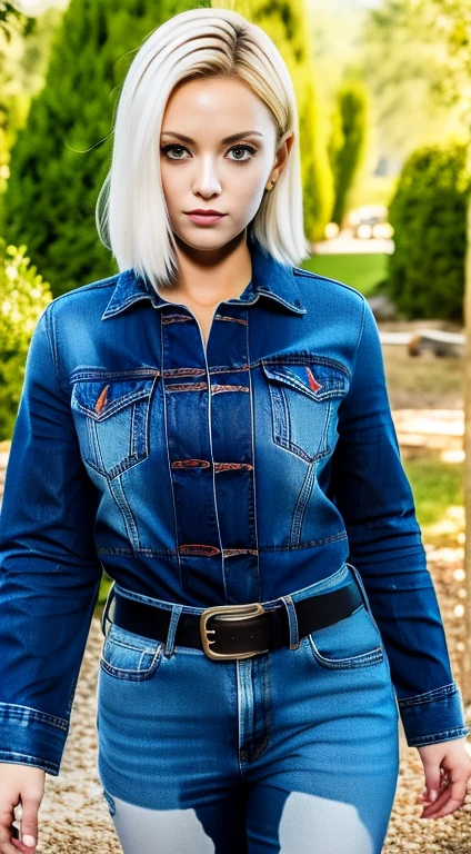 masterpiece, best quality, ultra-detailed, absurdres, Potrait of beautiful Android18DB, solo, denim, breasts, belt, medium_breasts, outdoors, torn_clothes, volumetric lighting, best quality, masterpiece, intricate details, tonemapping, sharp focus, hyper detailed, trending on Artstation,