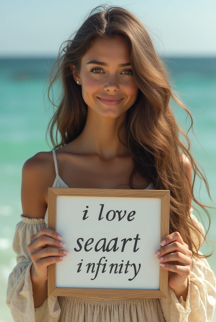 Beautiful girl with wavy long hair, bohemian dress, holding a white board with text "I Love Seaart Infinity" and showing it to the viewer
