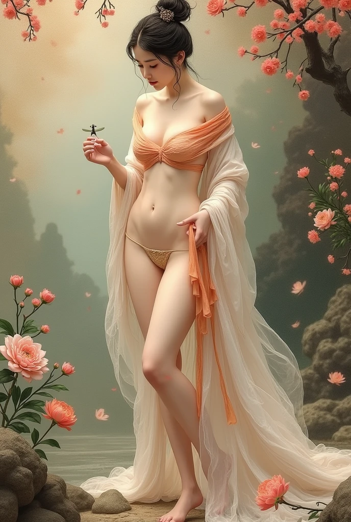Masterpiece of a beautiful birth of Venus no costume in tradition countryside costume standing in an ancient Chinese location, a beautiful lighting, a juicy Chinese Exquisite painting on Chinese paper , mixed with Zen style, a delicate painting, Chinese composition Style, Chinese painting style in the Dunhuang Grottoes, imperial colors, have a beautiful flower and little insect , good figure, good anatomy