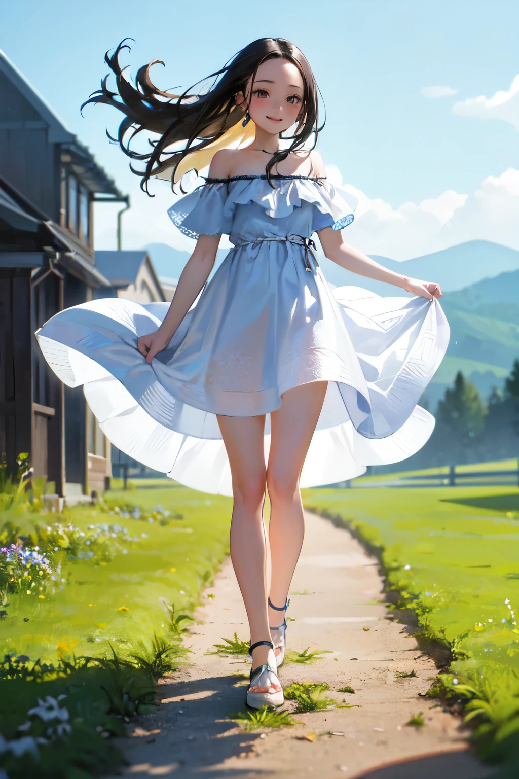 masterpiece, best quality, ultra-detailed,hyperrealistic,shiny skin,1girl,forehead,(plain forehead)+,black hair,long hair,black eyes,,(white dress,off shoulder summer dress)+,small breasts,dynamic angle,blowing in the wind,walking in the meadow,smile,fullbody shot,

