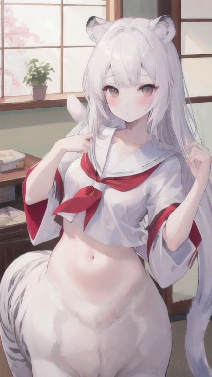 (best quality, masterpiece), 1 girl, centaur, I beg, White skin, Japanese schoolgirl,daughter,black pink, exposing the abdomen, belly button t-shirt , beautiful girl perfect, White tiger photo, 완벽한 White tiger photo