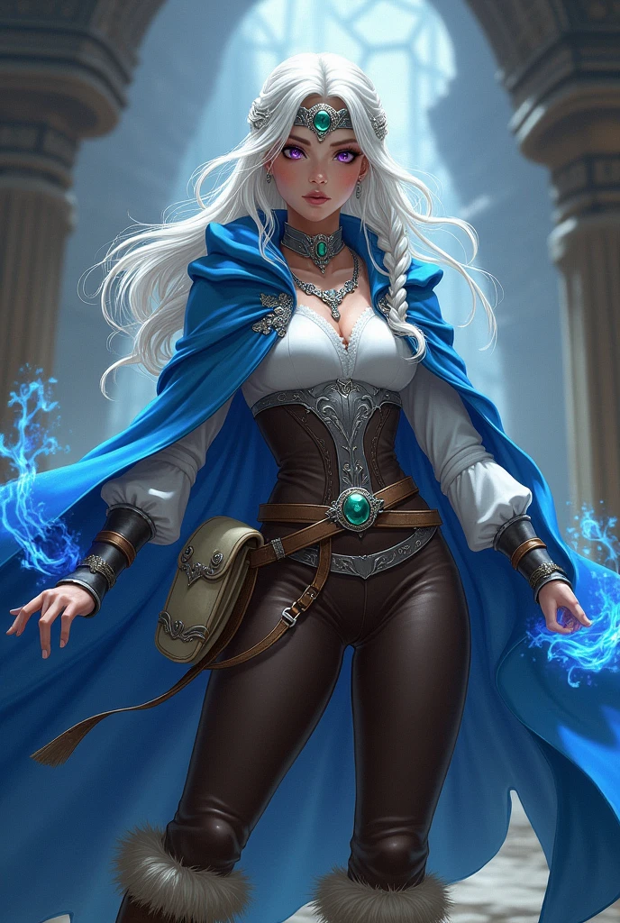 female mage, with long, partly braided white hair. purple eyes. Blue cape decorated with silver embroidery. White blouse, silver breastplate and brown pants as well as fur-trimmed boots. Silver collar with emerald and silver headband with emerald Brown belt with cream colored pouch