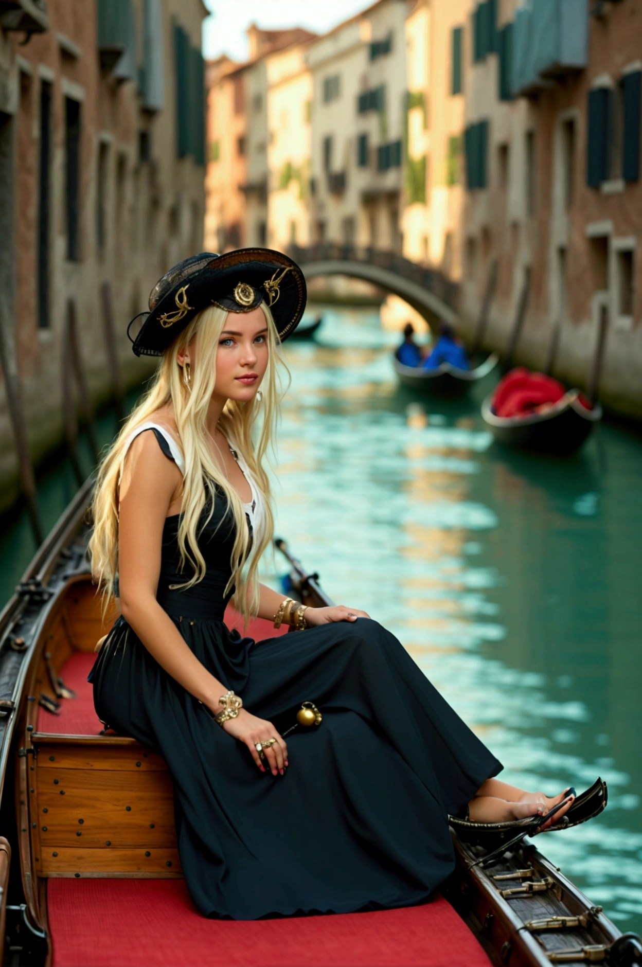 A 19-year-old woman sitting in a gondola gliding through a Venetian canal, with the Rialto Bridge in the background. She’s dressed in a chic streetwear outfit featuring a cropped top, high-waisted wide-leg pants, and stylish flats. She’s holding a Venetian mask in one hand, playfully peeking through it. The gondolier in the background is rowing with precision, and the historic bridge looms elegantly above, reflecting in the canal’s calm waters