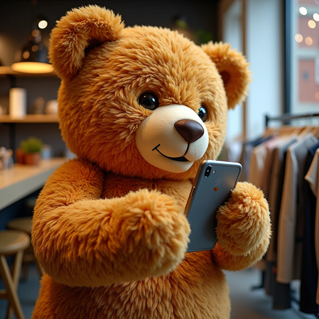 A giant teddy bear, taking a selfie with a smartphone. The bear is in a modern setting, like a coffee shop or a clothing store. Artistic style: lifestyle photography, warm colours.