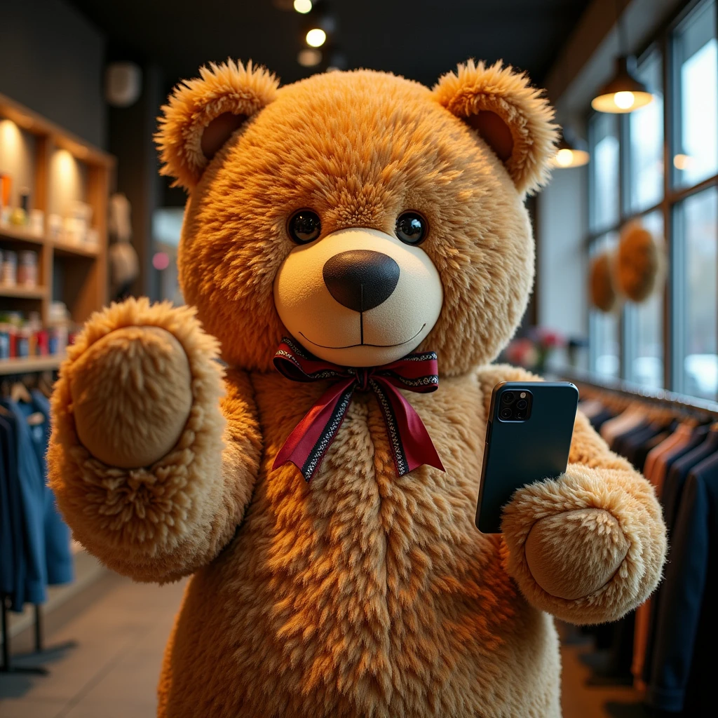 A giant teddy bear, taking a selfie with a smartphone. The bear is in a modern setting, like a coffee shop or a clothing store. Artistic style: lifestyle photography, warm colours.