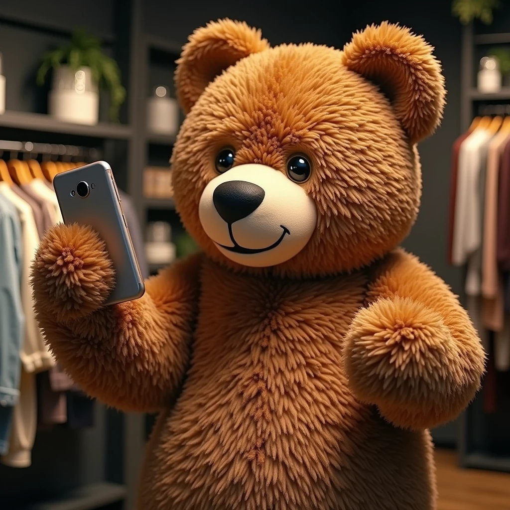 A giant teddy bear, taking a selfie with a smartphone. The bear is in a modern setting, like a coffee shop or a clothing store. Artistic style: lifestyle photography, warm colours.