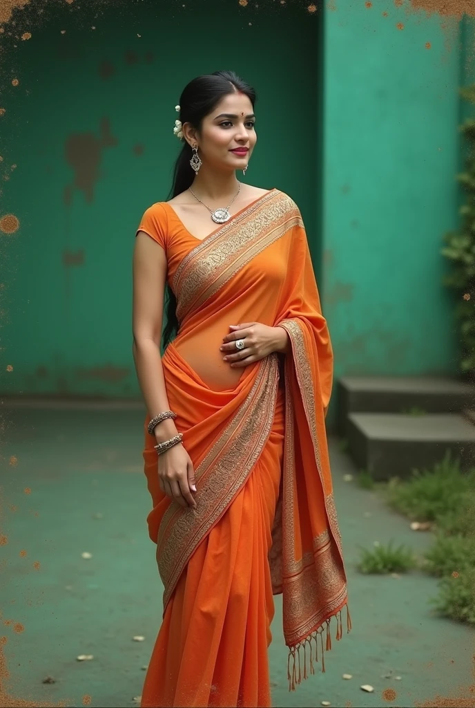 Tamanna in saree showing hips and navel, no loae hair, pinned hair, low quality, poor picture , green ground, smile