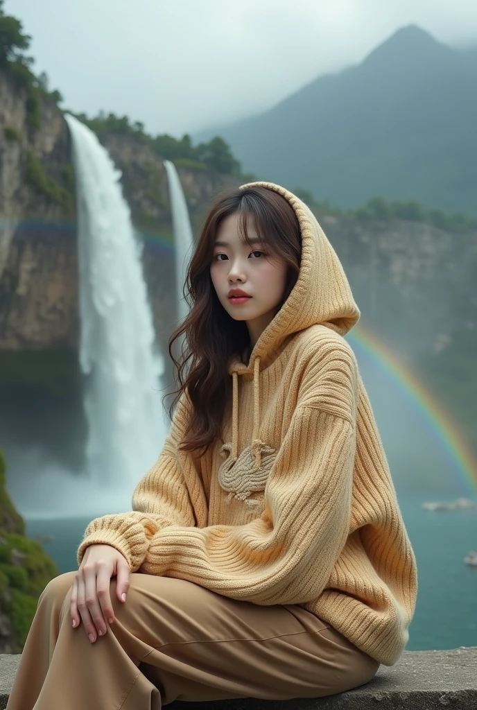 Beautiful young Korean woman with clean white skin,baju hoodie rajut emas,decorated with swan motif,brown slacks,sit him down,with the background of the mountain above the clouds, the cliff of the waterfall with the rainbow,Original photo,ultra realistic