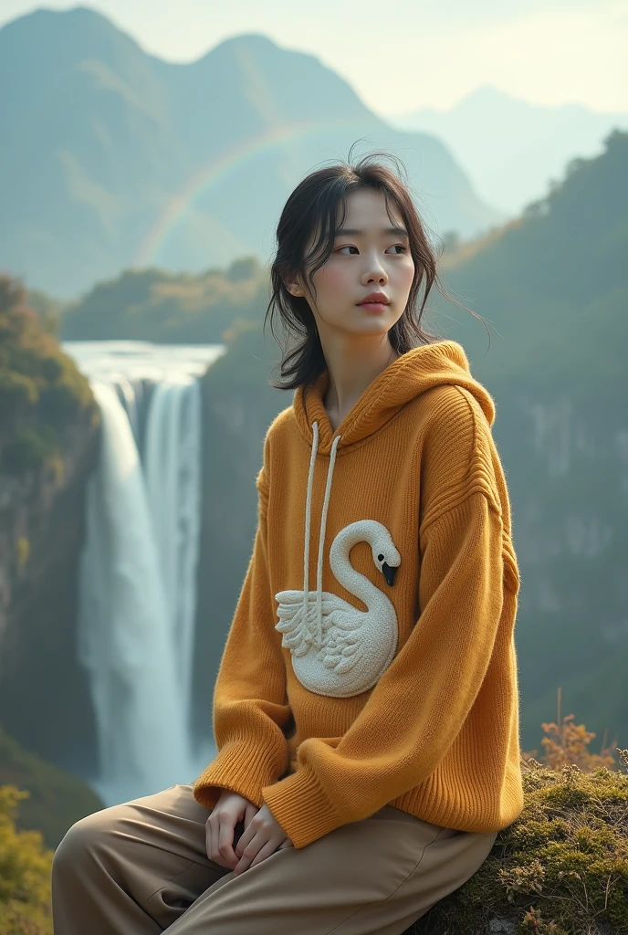 Beautiful young Korean woman with clean white skin,baju hoodie rajut emas,decorated with swan motif,brown slacks,sit him down,with the background of the mountain above the clouds, the cliff of the waterfall with the rainbow,Original photo,ultra realistic