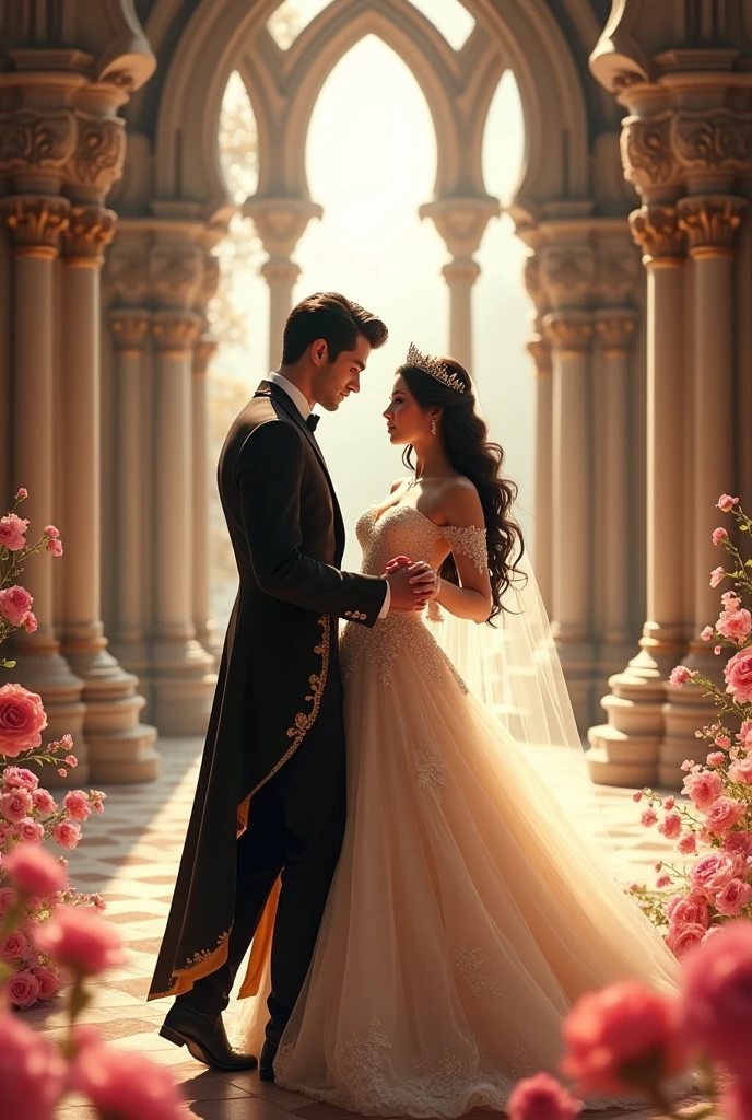 romantic and charming couple, fairytale wedding, fantasy castle, royal suit, black hair, pale skin, gold ornamen, flower bloom, dancing, detailed, masterpiece, best quality