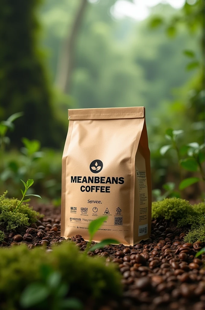 Generate a image that says meanbeans coffee are made up of bio degradable materials instead of general plastic container