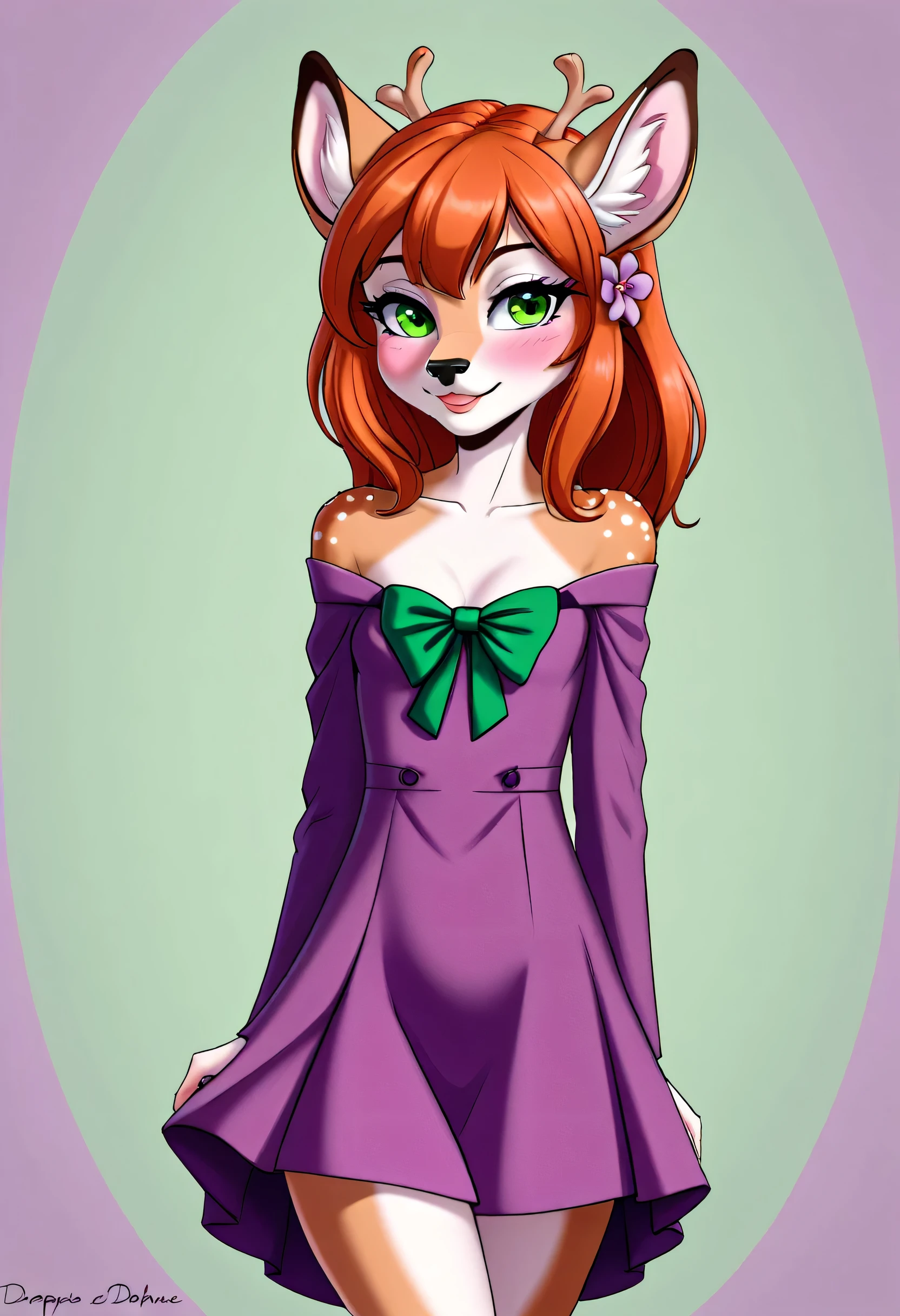 A deer girl named Daphne, her fur is auburn colored, her shoulder length hair is red, and her eyes are green. She has a slender body and small perky breasts. She is wearing formal attire. Daphne wants to mate with viewer causing her to blush. She is showing off her new clothes.