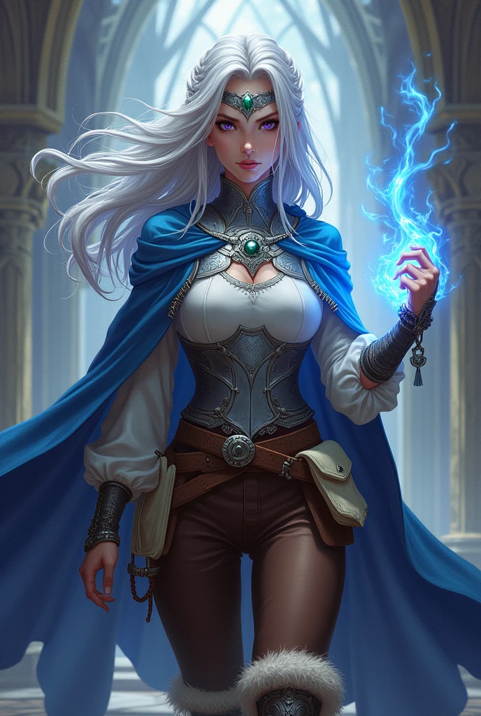 female mage, with long, partly braided white hair. purple eyes. Blue cape decorated with silver embroidery. White blouse, silver breastplate and brown pants as well as fur-trimmed boots. Silver collar with emerald and silver headband with emerald Brown belt with cream colored pouch