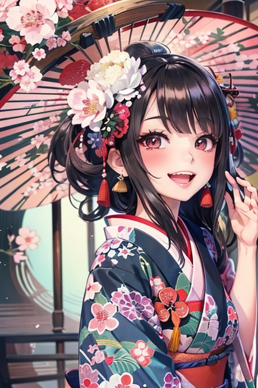 A beautiful woman smiles and shows her upper white teeth、Vividly colored Japanese Ukiyo-e style illustrations、SeaArt creates stunning illustrations of beautiful women in kimono、Brown-black long hair、Beautiful full body style、Beautiful digital illustrations,、Beautiful digital painting, Bright and vivid anime CG art, Detailed digital anime art, Beautiful anime portraits