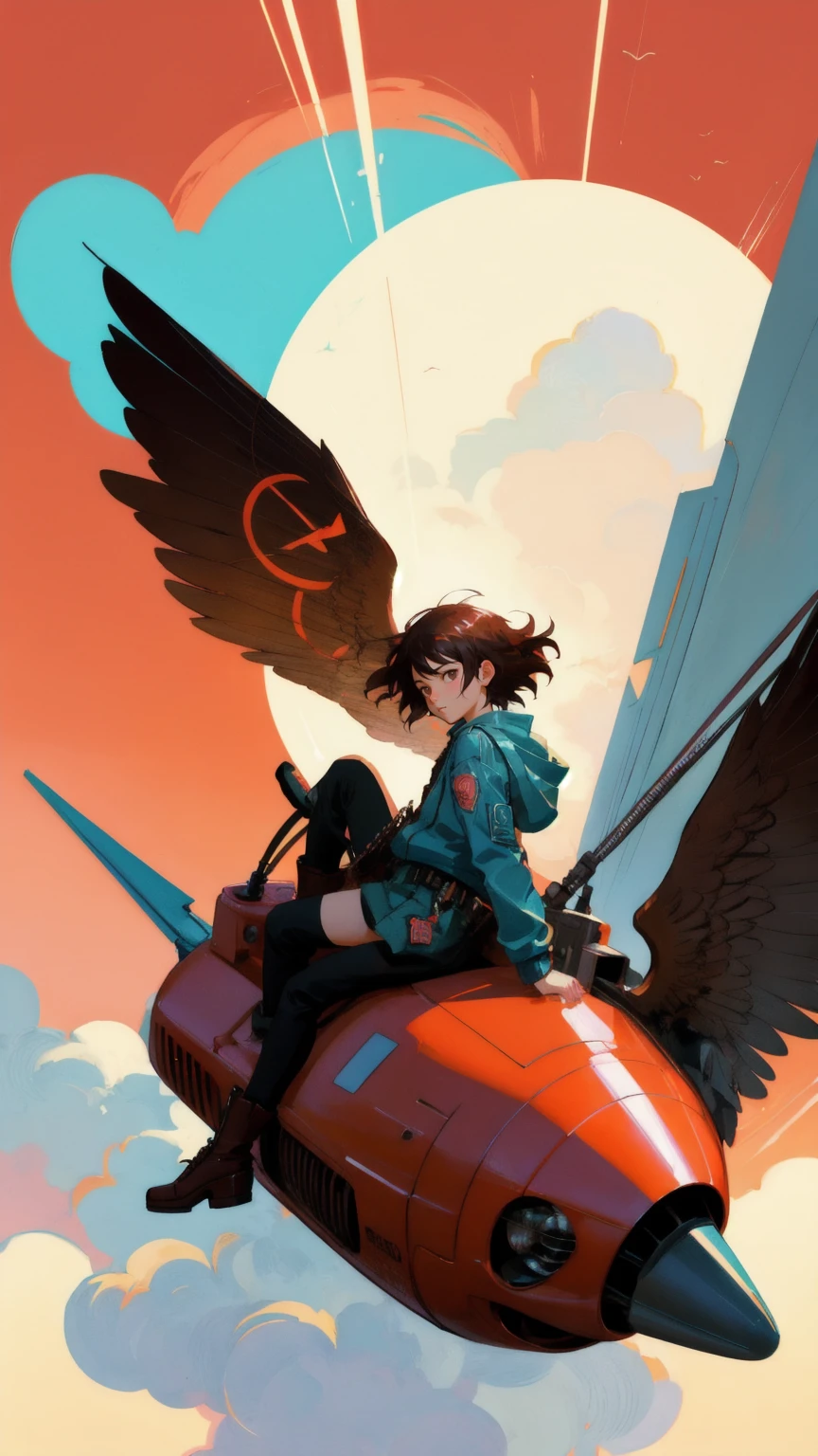Create a cartoon of a cute, beautiful girl riding a plane in the sky with a rich brown background. Incorporate the text 'Permanent Temporary Fix' seamlessly into the scene. The illustration should be an epic full-color artwork inspired by Rinaldo Cuneo, Josan Gonzalez, Posuka Demizu, Otomo Katsuhiro, and capture the essence of Akira and FLCL art styles. Blend elements reminiscent of JC Leyendecker and Sachin Teng to create a dynamic and visually stunning Akira-style illustration.