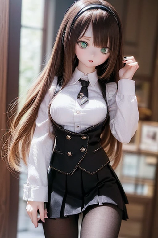 (SFW:2), photorealistic, realistic photo, 8k, ((highest quality)), ((masterpiece)), (extremely detailed), kukolnydom, doll, (mature woman, 21yo, 2, solo:1.6), ((cowboy shot, dynamic pose, slim, slender, skinny, medium breasts, hairband, vest, necktie, dress shirt, long puff sleeves, pleated skirt, black pantyhose)), (parted lips, green eyes, brown hair, long hair, plastic skin, looking at another, glass eyes, gradient eyes, shining eyes, detailed eyes:1.3)