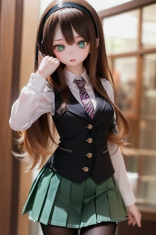 (SFW:2), photorealistic, realistic photo, 8k, ((highest quality)), ((masterpiece)), (extremely detailed), kukolnydom, doll, (mature woman, 21yo, 2, solo:1.6), ((cowboy shot, dynamic pose, slim, slender, skinny, medium breasts, hairband, vest, necktie, dress shirt, long puff sleeves, pleated skirt, black pantyhose)), (parted lips, green eyes, brown hair, long hair, plastic skin, looking at another, glass eyes, gradient eyes, shining eyes, detailed eyes:1.3)