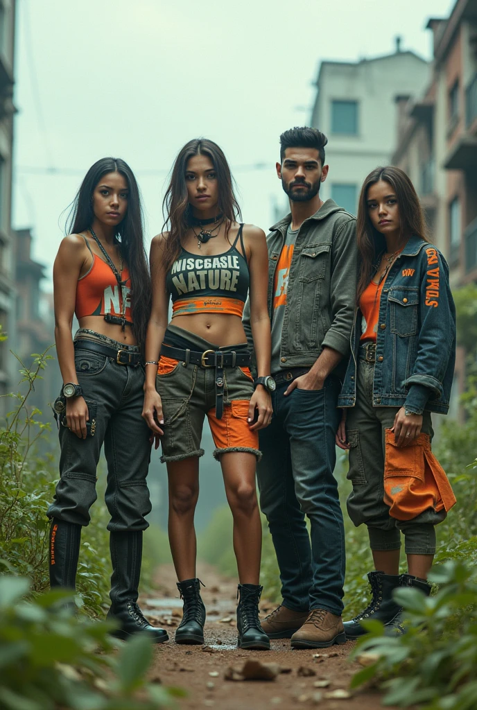 {subject: Four young resistance fighters, two women and two men, standing united in a dystopian environment, fighting against capitalism to protect the environment. They are wearing daring, futuristic outfits made from recycled materials, inspired by the fashion seen in the provided image. Each character exudes pride and determination, with bold messages on their clothing symbolizing their commitment to nature and the fight for environmental rights. Their outfits are a blend of patchwork designs, repurposed fabrics, and upcycled elements, reflecting their mission and the resourcefulness required in their world} {image type: photorealistic cinematic style} {environment/background: dystopian urban setting with dilapidated buildings, overgrown with wild vegetation, representing nature reclaiming its space. The sky is overcast, with a mix of smog and natural light piercing through} {art styles: futuristic eco-punk, dystopian fashion, high-concept editorial photography} {lighting: soft natural light filtering through the overcast sky, with dramatic shadows to highlight the textures of the recycled materials and the determination in their expressions} {camera: wide-angle shot capturing all four fighters in full view, slightly low angle for a powerful, unified appearance} {resolution: ultra-high-definition, 8K render, with intricate detail on the clothing, accessories, and surrounding environment}